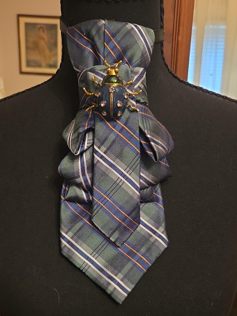 Green and Blue Plaid Cravat with Decorative Beetle Pin